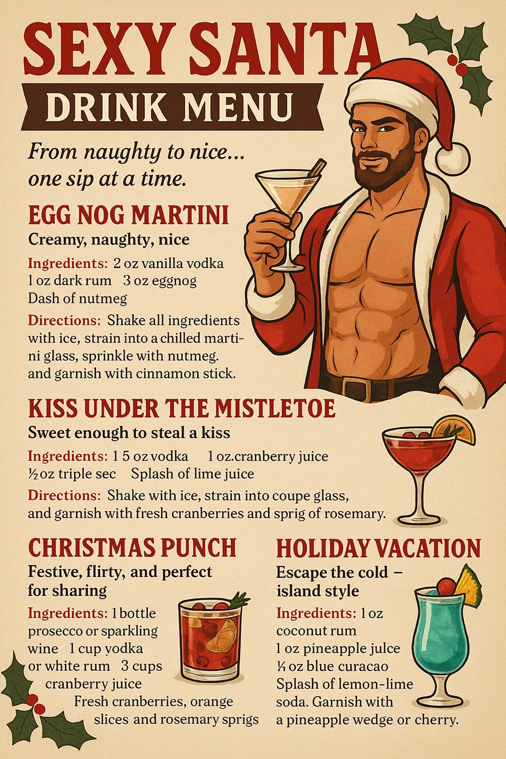 Sexy Santa Bartender drink menu list.