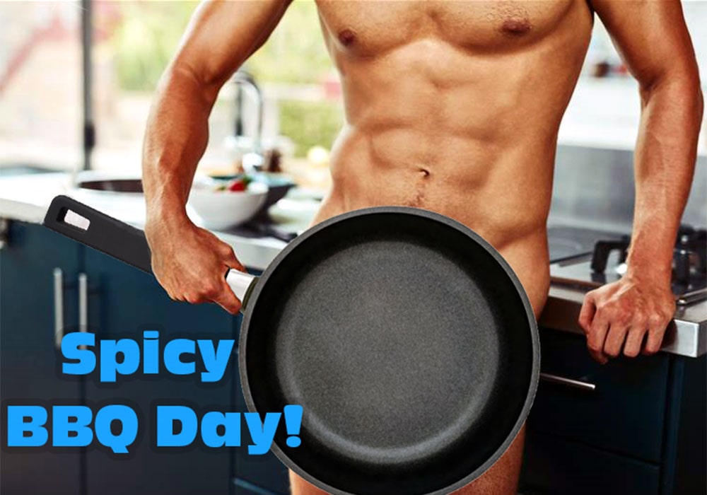 Naked muscular guy in a kitchen holding a pan in front of his body.