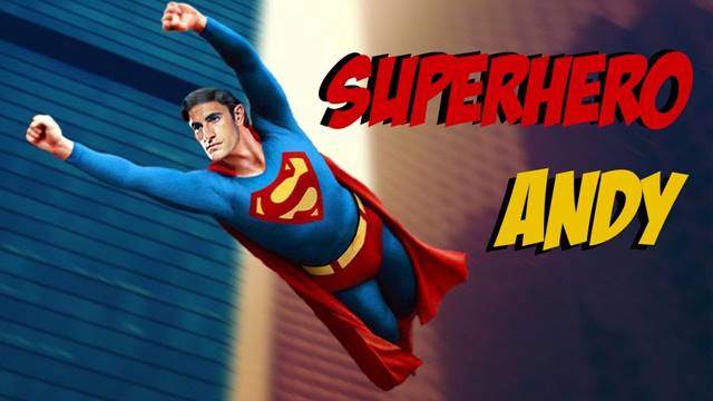 Superman-themed male stripper flying through a city skyline with tall buildings in the background.